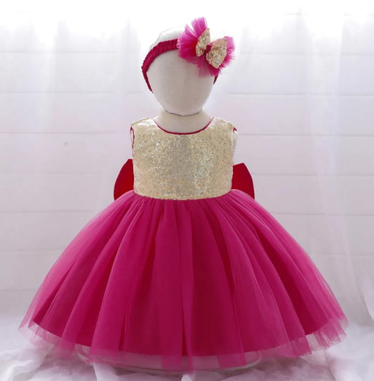 Cerise Pink and Gold Sequins Special Occasions Dress with Headband 