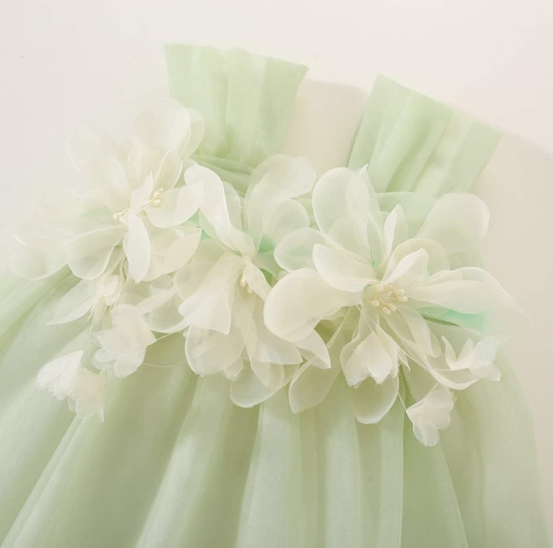 Chai Green Tulle Dress with Floral Detail