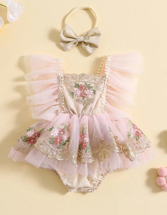 Ruffle Soft Pink Romper with Embroidered FloTulle and Headband  10004