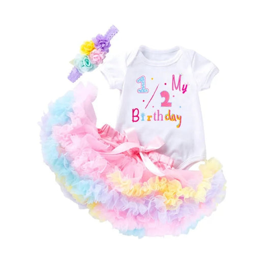 My 1/2 BIRTHDAY Romper with Puffy Bloomer Tutu and Headband 