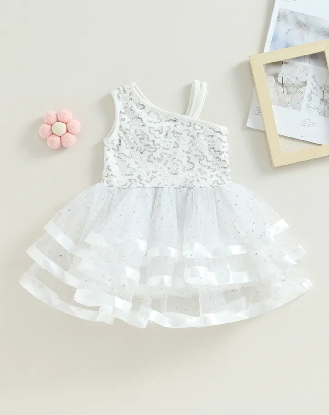 White Ruffle Silver Sequins Special Occasions Dress 