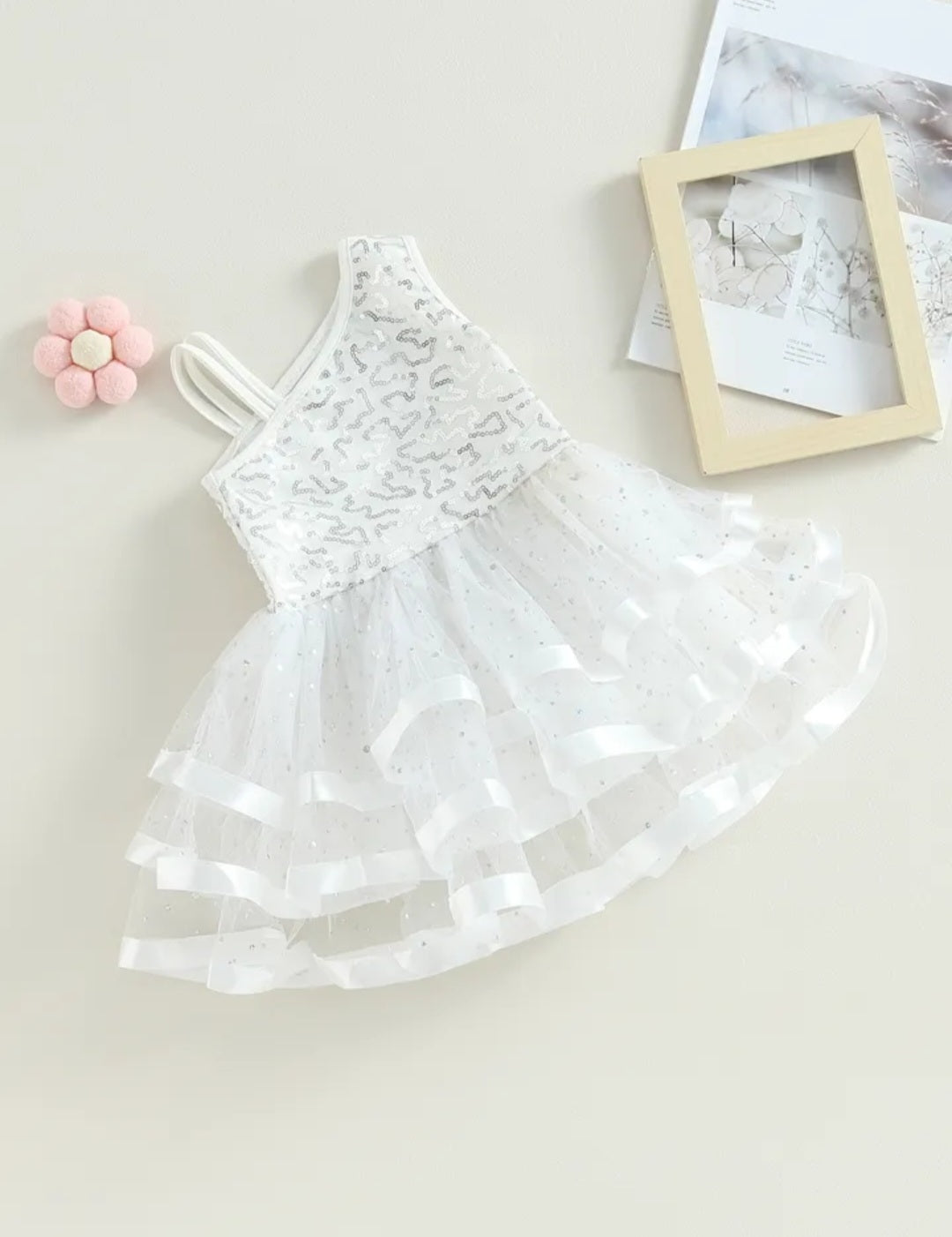 White Ruffle Silver Sequins Special Occasions Dress 