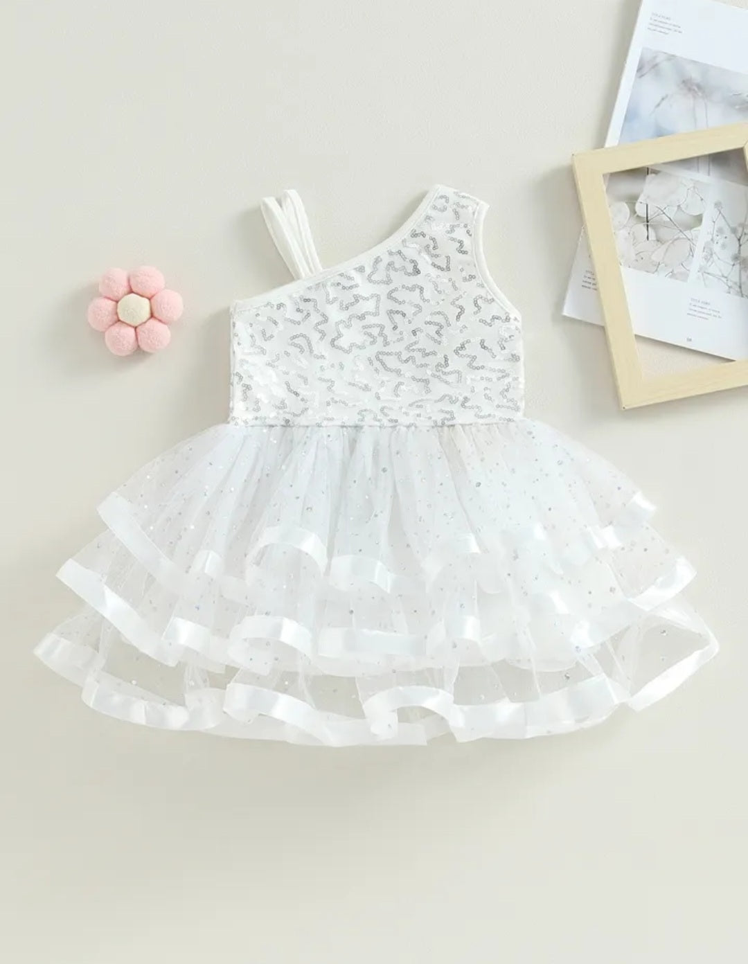 White Ruffle Silver Sequins Special Occasions Dress 