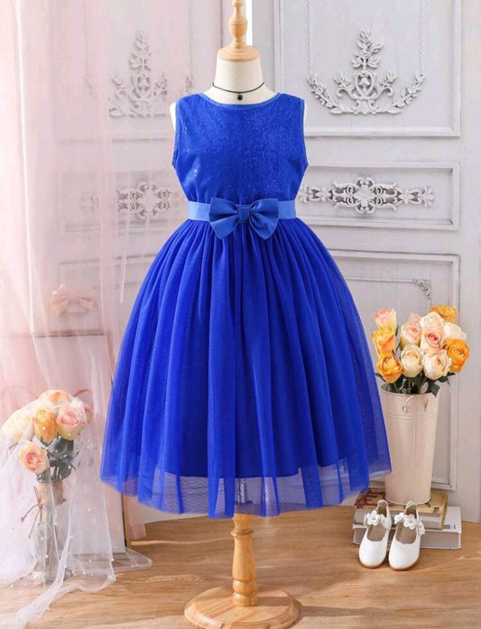 Royal Blue Sequins Bust Tulle Dress with Belt/Headband 