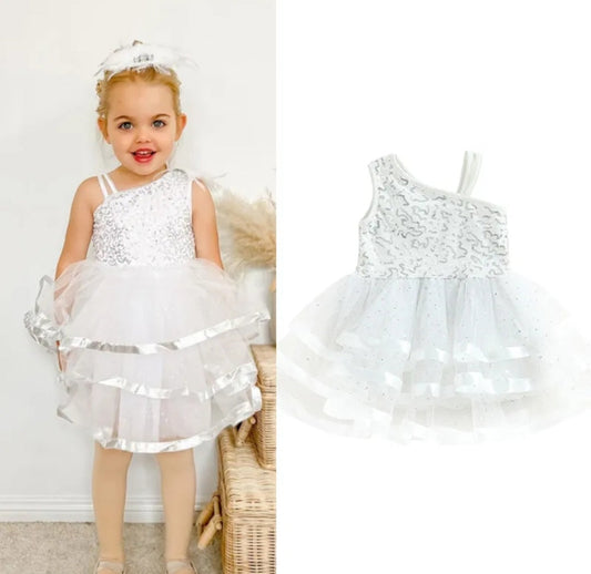 White Ruffle Silver Sequins Special Occasions Dress 