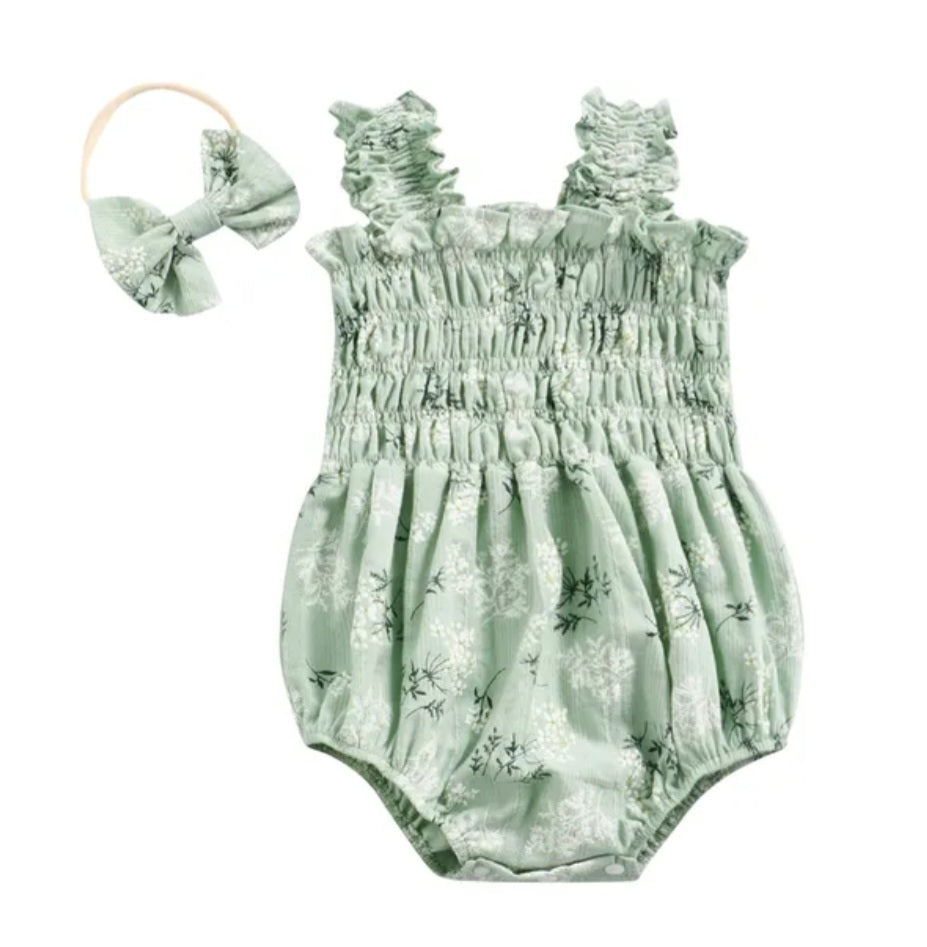 Mint Floral Romper and Headband 10002
