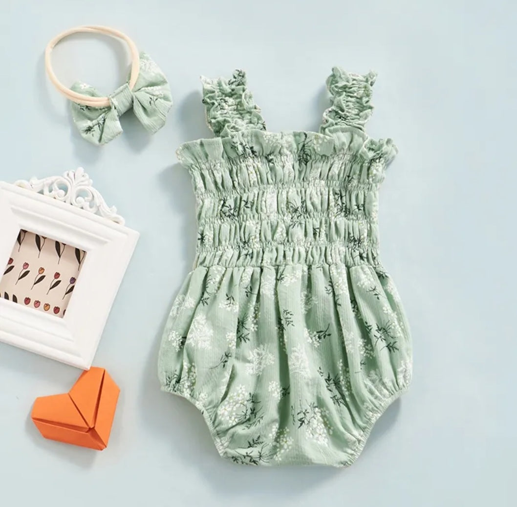 Mint Floral Romper and Headband 10002