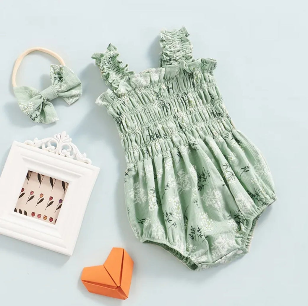 Mint Floral Romper and Headband #10002