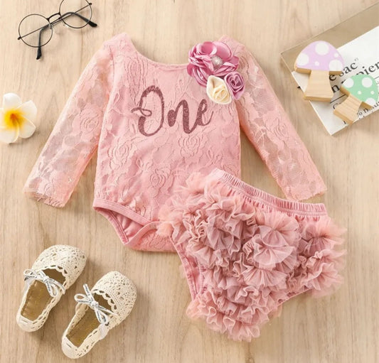 Pink Lace First Birthday Romper with Lace Bloomer 