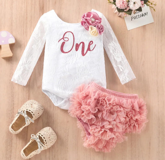 White Lace Birthday Romper with Lace Bloomer 