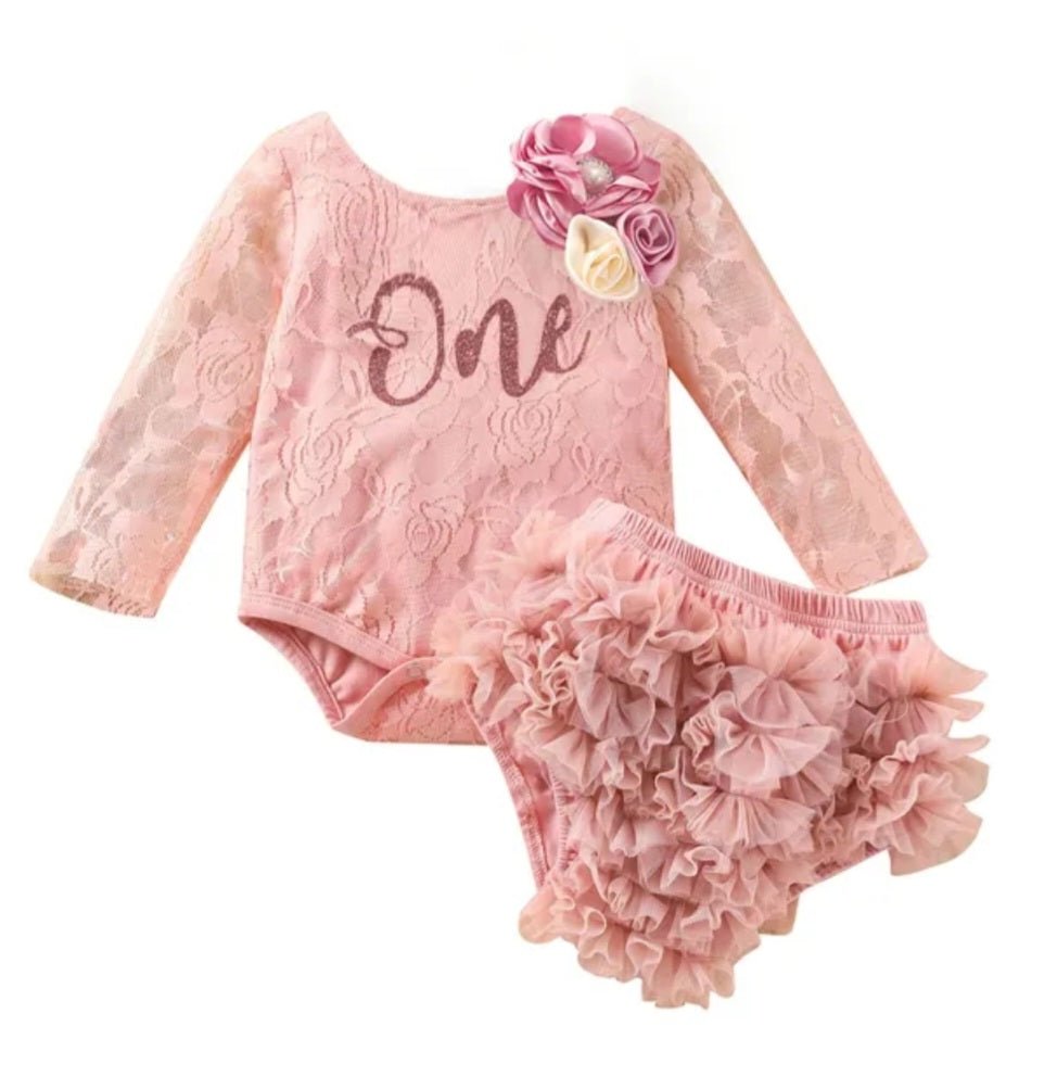 Pink Lace First Birthday Romper with Lace Bloomer 