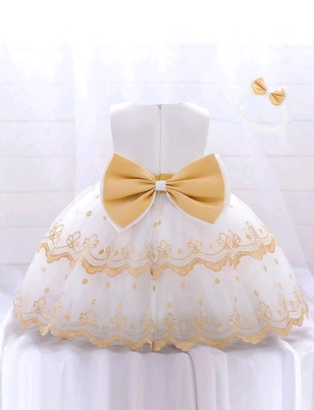 White and Gold Special Occassion Dress with Big Bow and Headband