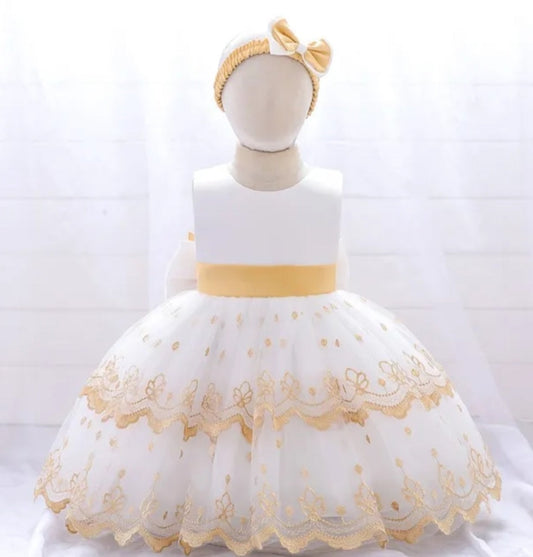 White and Gold Special Occassion Dress with Big Bow and Headband 