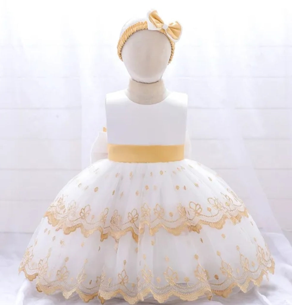 White and Gold Special Occassion Dress with Big Bow and Headband  1001189