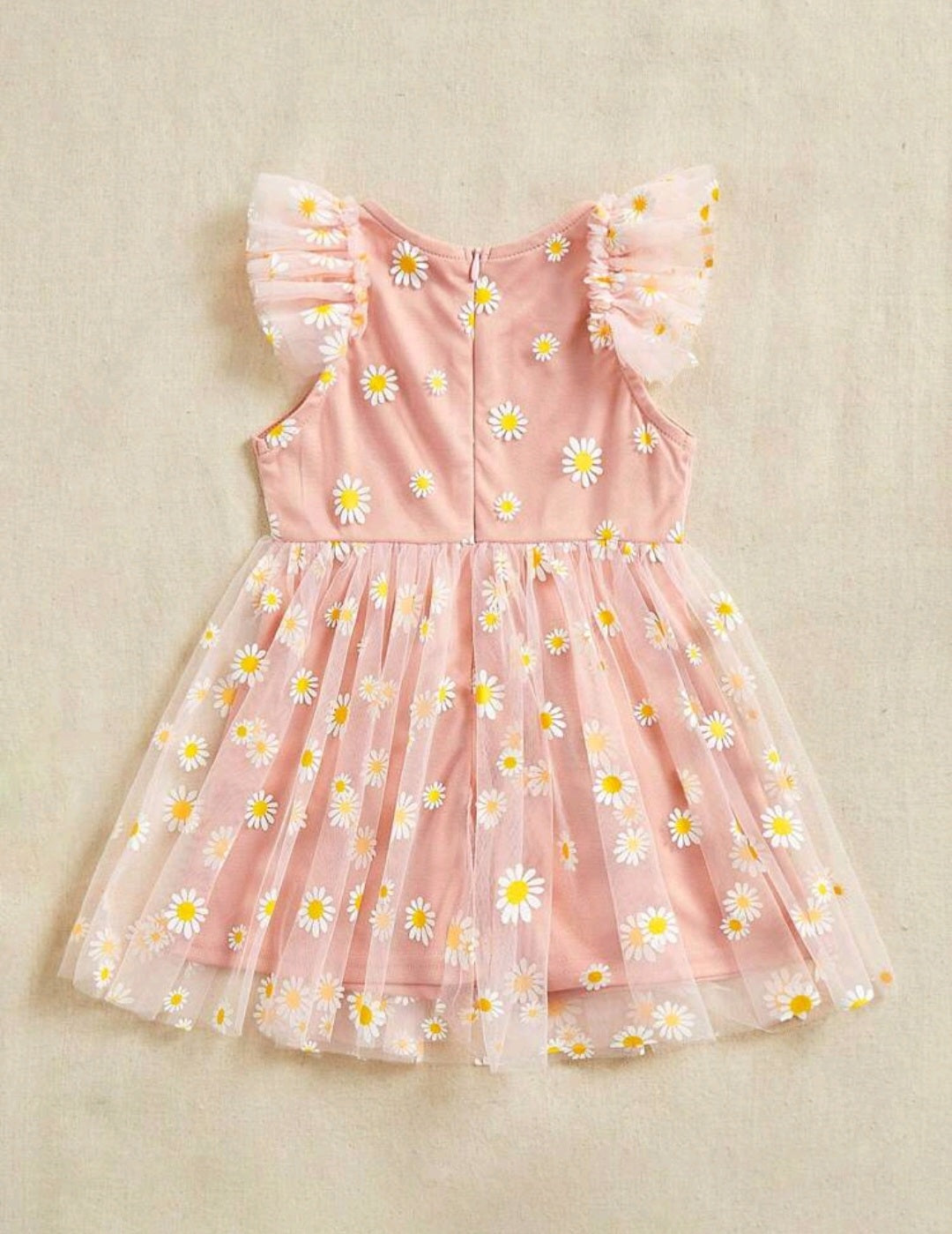 Peachy Pink Daisy Dress with Ruffle Sleeves