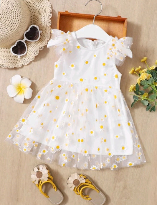 White Daisy Dress Ruffle Sleeve