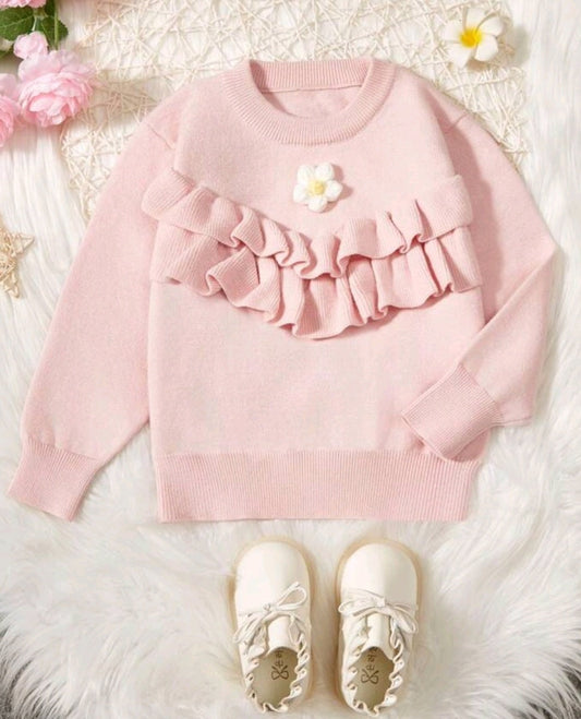 Pink Ruffle Trim Sweater with Floral Detail