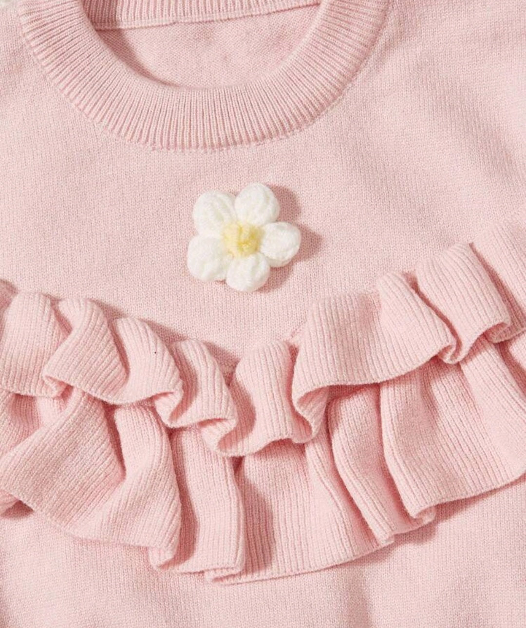 Pink Ruffle Trim Sweater with Floral Detail