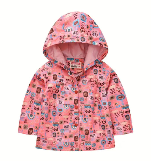 Coral Floral Hooded Windbreaker Button-up Coat 
