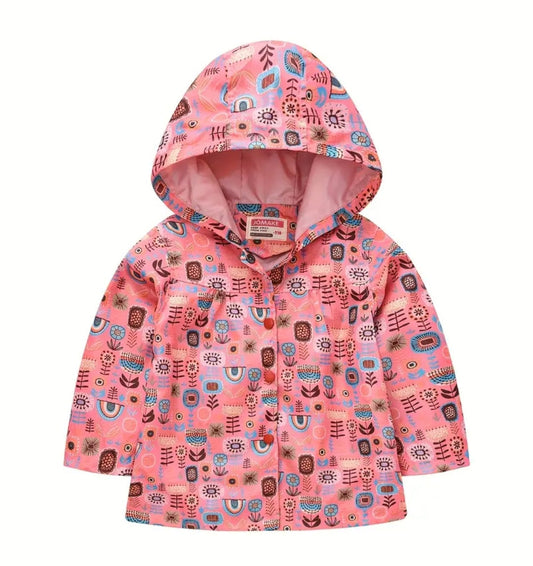 Coral Floral Hooded Windbreaker Button-up Coat