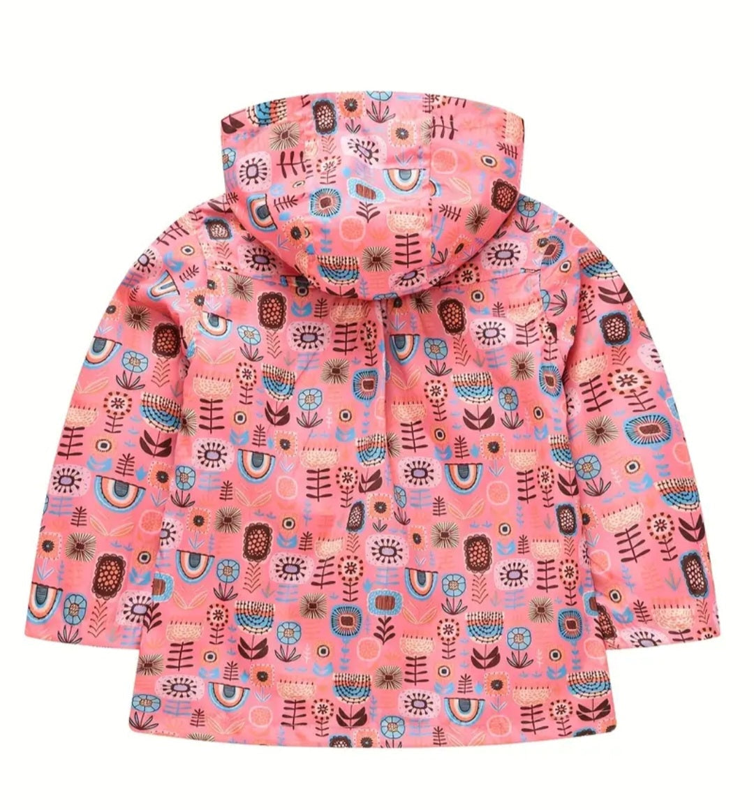 Coral Floral Hooded Windbreaker Button-up Coat 