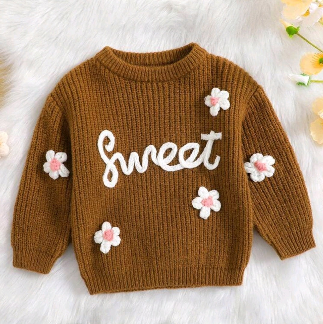 Sweet Toffee Knitted Sweater with Floral Detail
