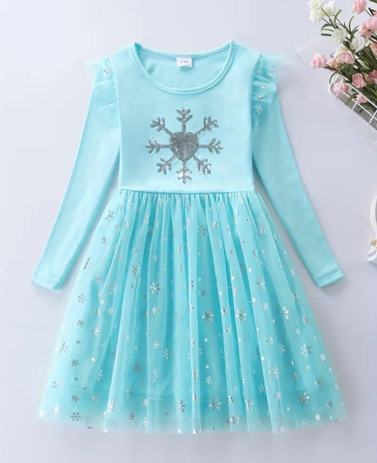 Blue Snow Princess Dress with Embroidered Snowflake