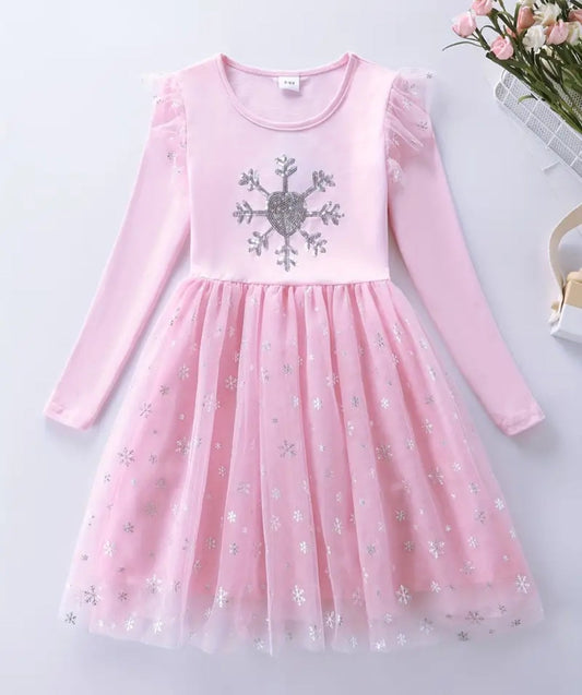 Pink Snow Princess Dress with Embroidered Snowflake
