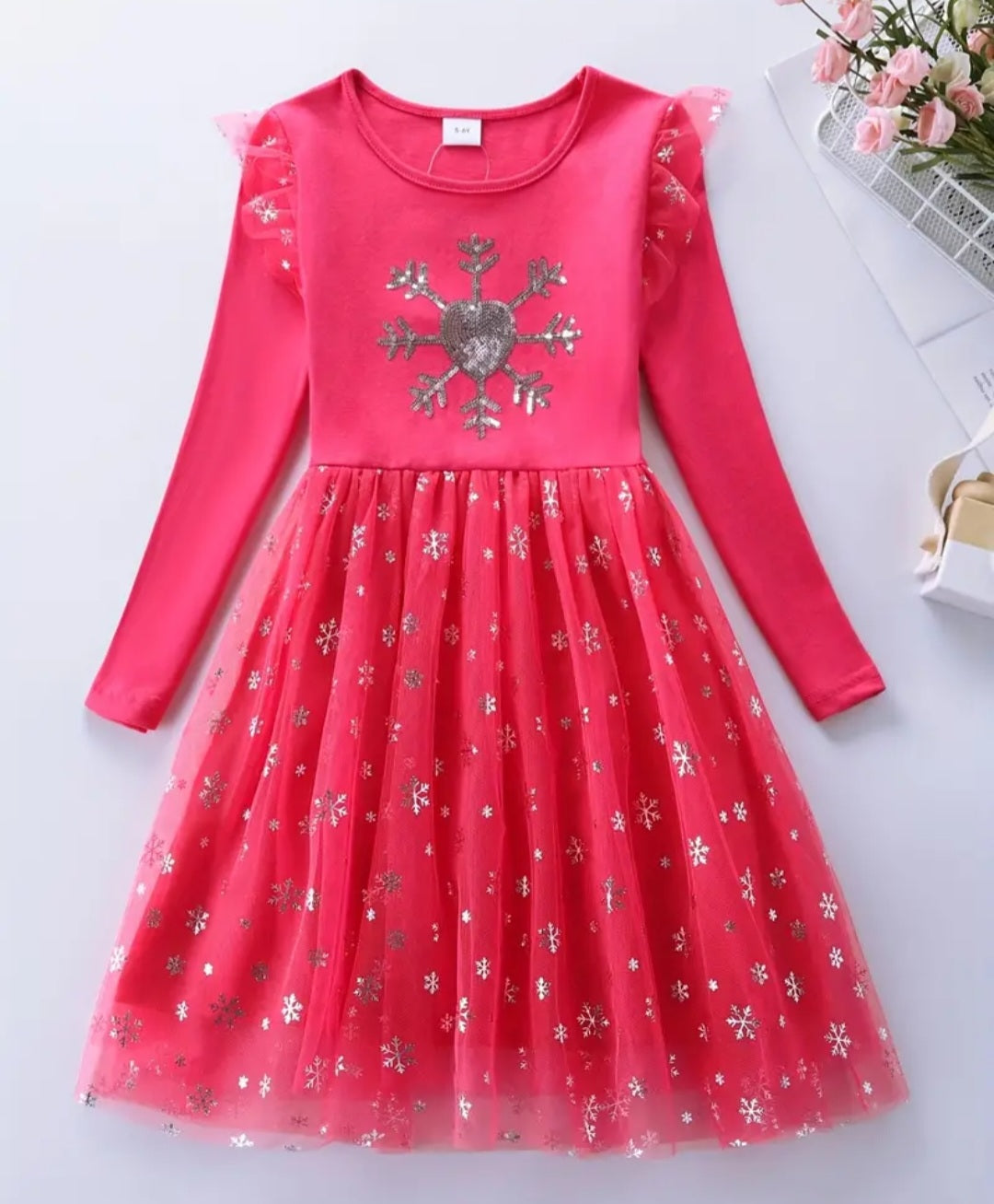 Coral Snow Princess Dress with Embroidered Snowflake