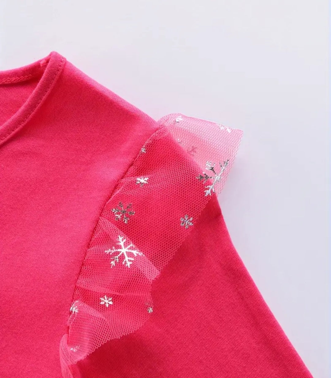 Coral Snow Princess Dress with Embroidered Snowflake