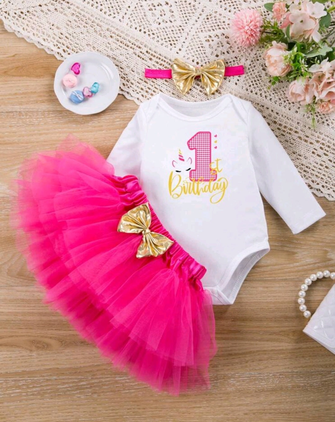 First Birthday Outfit will  Long Sleeve, Cerise Pink Tutu and Headband 