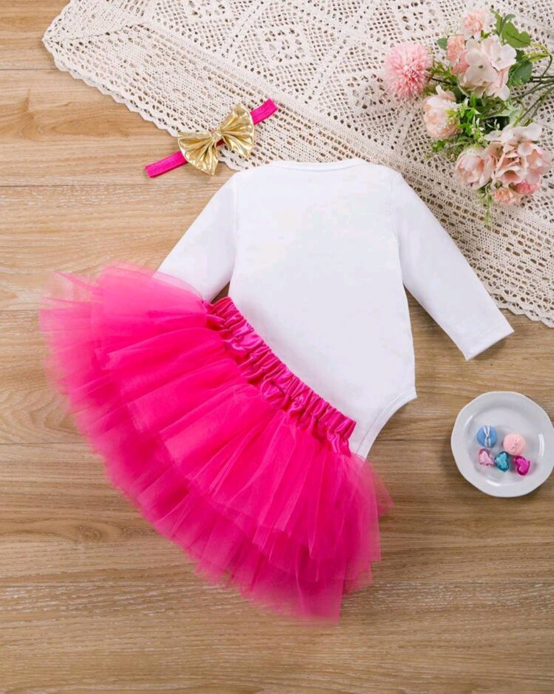 First Birthday Outfit will  Long Sleeve, Cerise Pink Tutu and Headband 