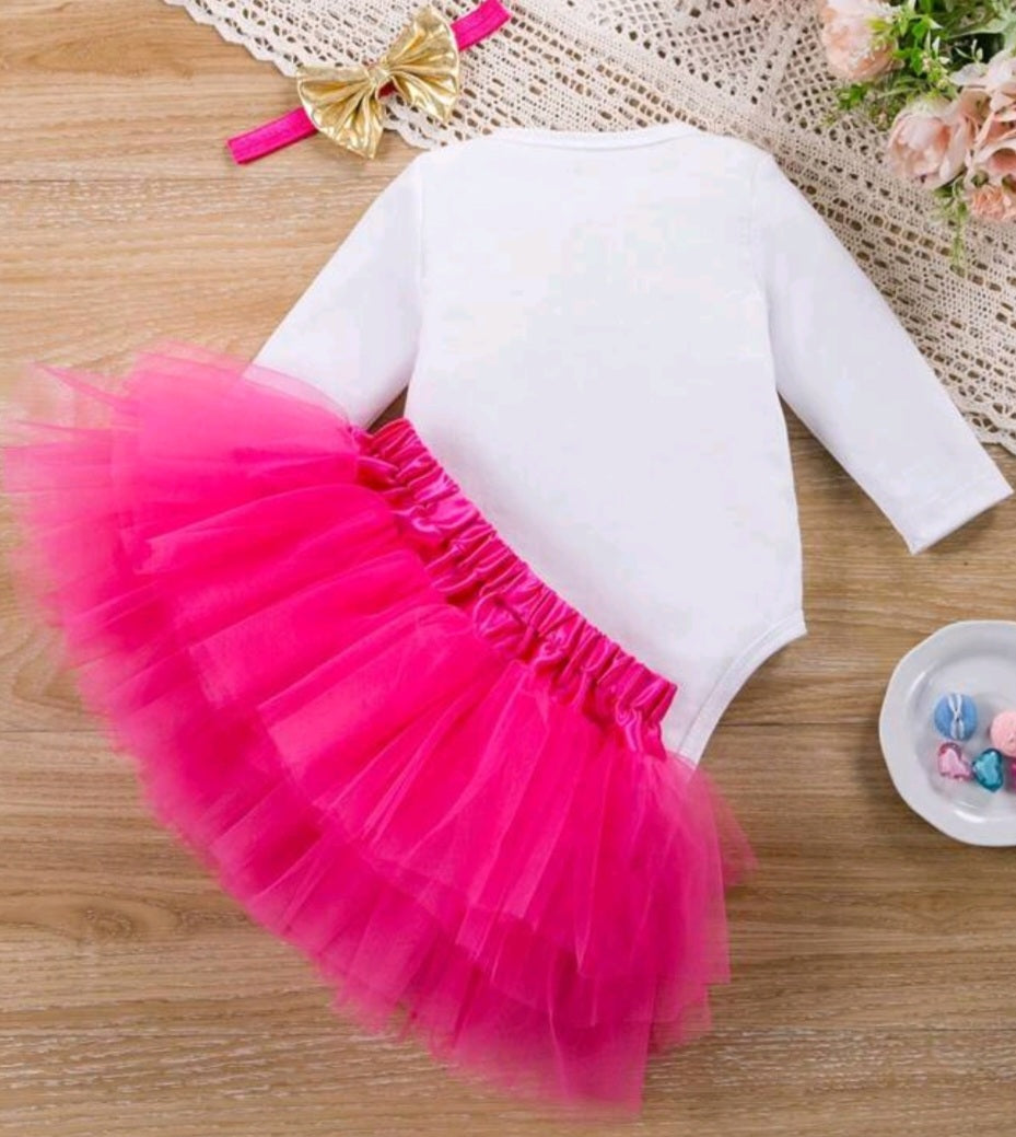 First Birthday Outfit will Long Sleeve, Cerise Pink Tutu and Headband