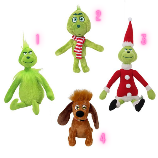 Set of four Christmas-themed plush toys including a green character, a dog, and two other characters with festive attire on a white background.
