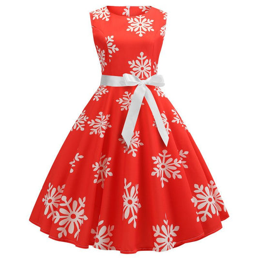 Ladies Sleeveless Red Snowflake Christmas Dress