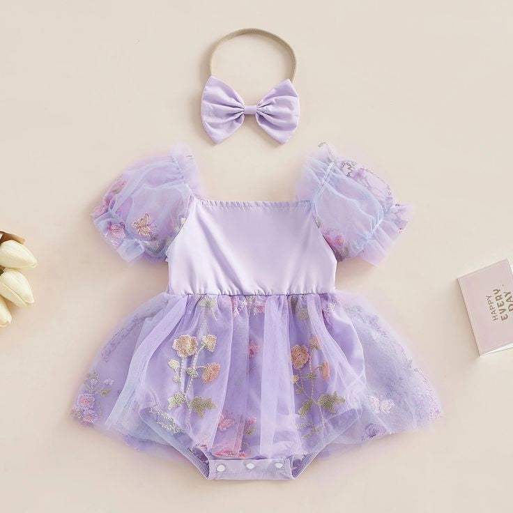 Embroided Purple Pull Sleeve Romper and Headband 