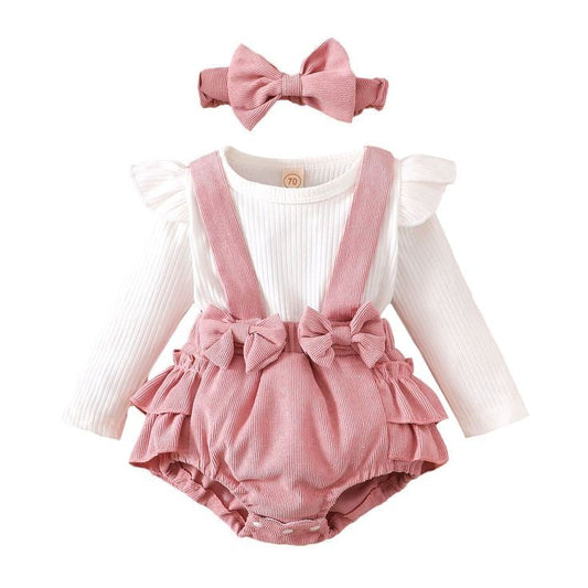 Ribbed White Romper with Dusty Pink  Suspended Bloomer (Overall) and Headband 