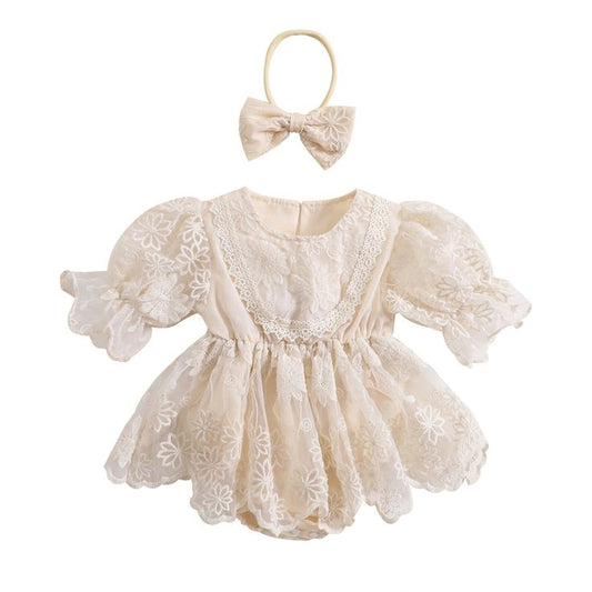 Off White Floral Embroidered Romper and Headband 