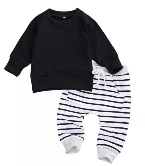 Black Top and High Wasted Striped Pants #200084