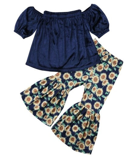 Navy Velvet On Or Off The Shoulder Top and Sunflower Bell Bottoms