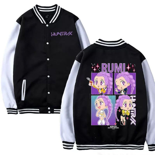 K-pop Demon Hunter Varsity Jacket – Huntrix Inspired Chibi Design (Black & White)