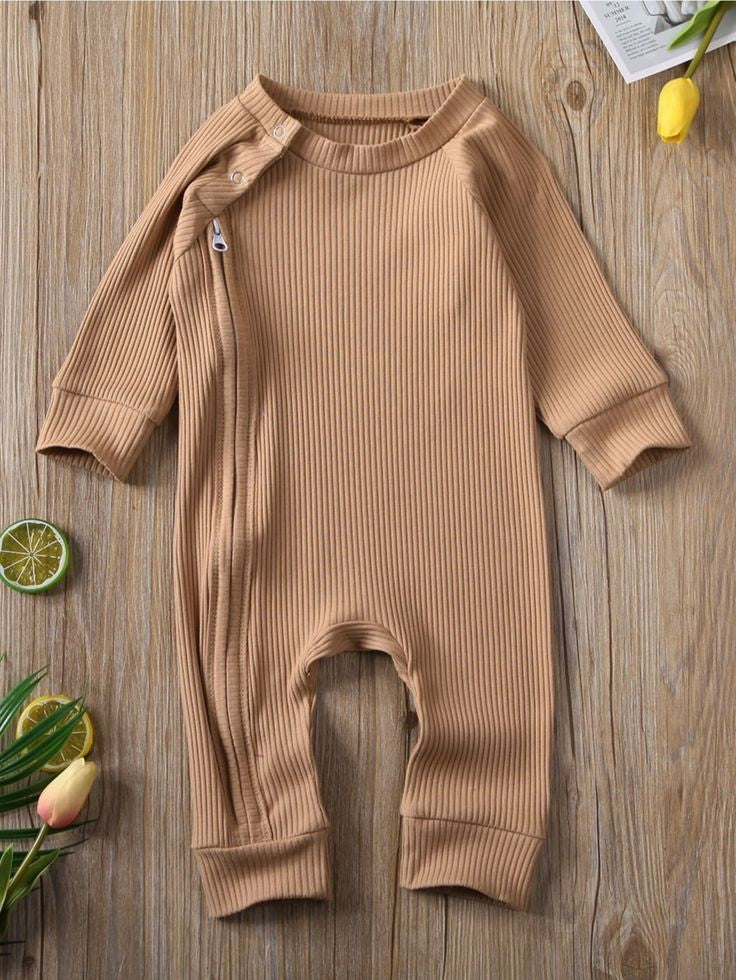 Camel Ribbed Romper with Side Zipper #2000303