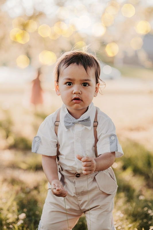 Gentleman Suit, White Shirt,  Bowtie, Chino Shorts And Suspenders