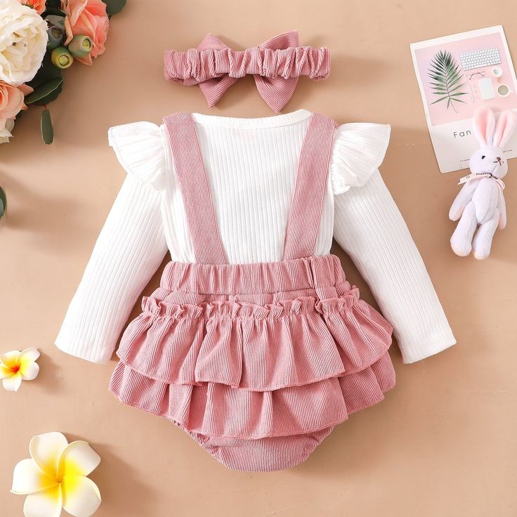 Ribbed White Romper with Dusty Pink  Suspended Bloomer (Overall) and Headband 