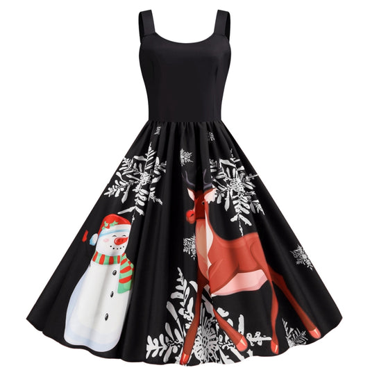 Ladies Snowman & Reindeer Black Party Christmas Dress