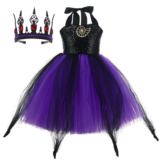 Ursula-Inspired Black and Purple Tutu Dress with crown Cosplay Little Mermaid