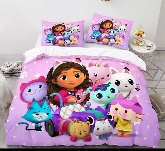 Children's bedding set with cartoon characters on a bed in a room.