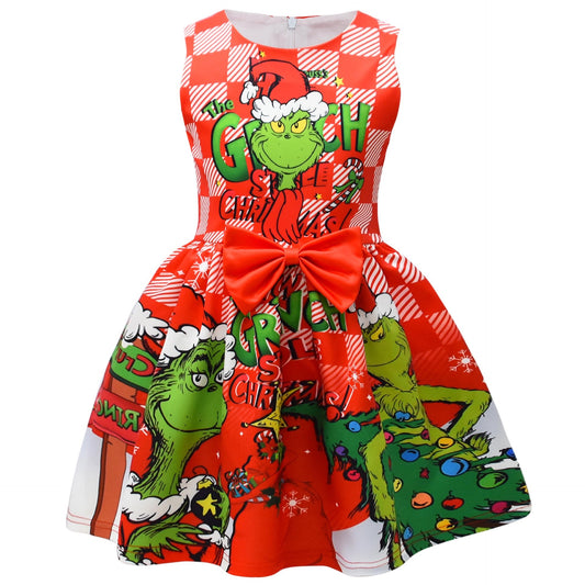 Red Checkered Grinch Bow Character Dress