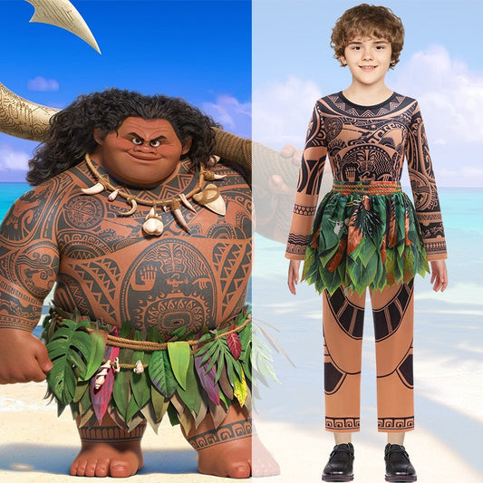 Maui-Inspired Boys’ Costume Cosply Set with Tribal Print Top & Leaf Print Pants