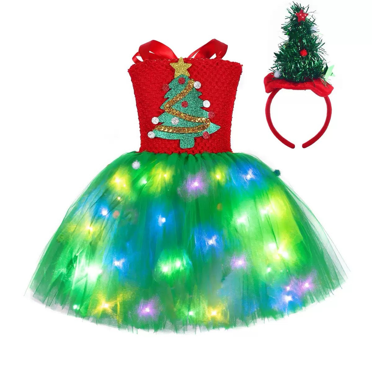 Girls LED Light-Up Christmas Tree Dress with Headband – Festive Holiday Tutu Outfit